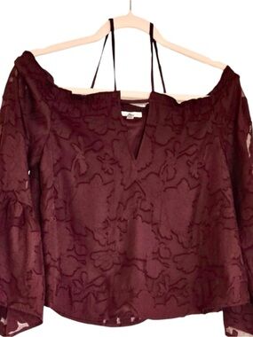 Maroon, Floral-Design, Chiffon, Woven Strappy, Cold Shoulder Blouse- XS- NWT 🏷️